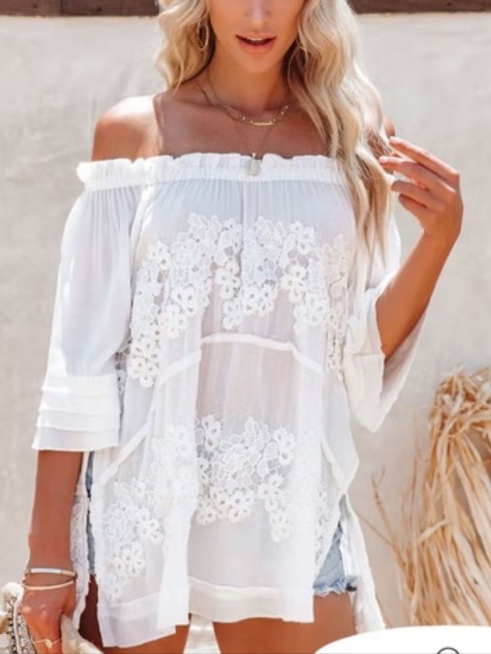 Vici Womens White Off Shoulder Floral Lace Appliqué Tunic Top Size Medium